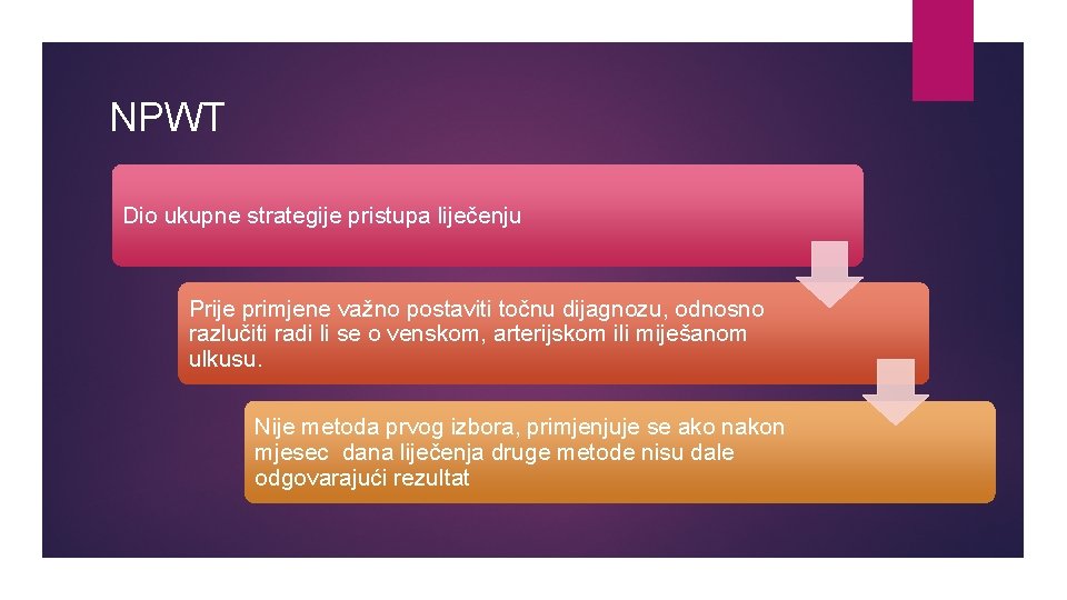 NPWT Dio ukupne strategije pristupa liječenju Prije primjene važno postaviti točnu dijagnozu, odnosno razlučiti