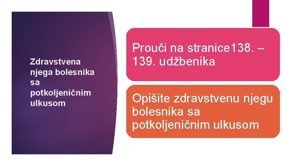 Zdravstvena njega bolesnika sa potkoljeničnim ulkusom Prouči na stranice 138. – 139. udžbenika Opišite