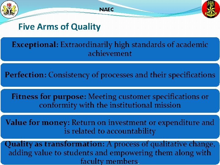 NAEC Five Arms of Quality Exceptional: Extraordinarily high standards of academic achievement Perfection: Consistency NAEC Five Arms of Quality Exceptional: Extraordinarily high standards of academic achievement Perfection: Consistency
