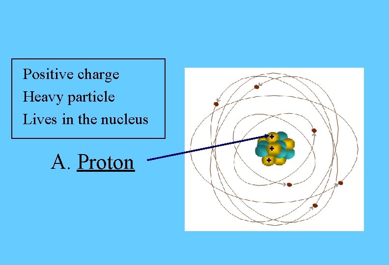 Positive charge Heavy particle Lives in the nucleus A. Proton + + + Positive charge Heavy particle Lives in the nucleus A. Proton + + +