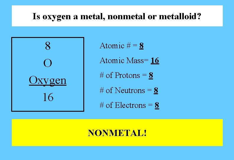 Is oxygen a metal, nonmetal or metalloid? 8 O Oxygen 16 Atomic # = Is oxygen a metal, nonmetal or metalloid? 8 O Oxygen 16 Atomic # =