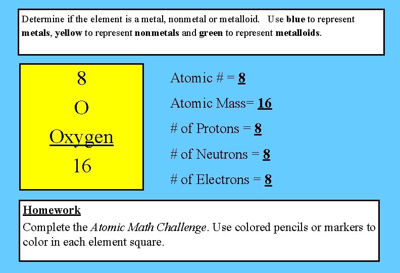 Determine if the element is a metal, nonmetal or metalloid. Use blue to represent Determine if the element is a metal, nonmetal or metalloid. Use blue to represent