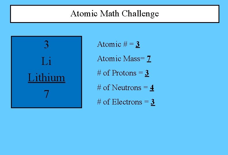 Atomic Math Challenge 3 Li Lithium 7 Atomic # = 3 Atomic Mass= 7 Atomic Math Challenge 3 Li Lithium 7 Atomic # = 3 Atomic Mass= 7