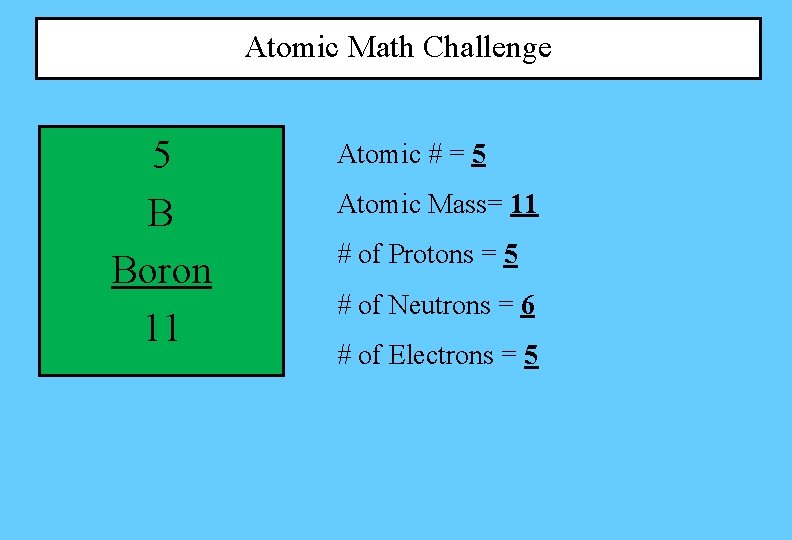 Atomic Math Challenge 5 B Boron 11 Atomic # = 5 Atomic Mass= 11 Atomic Math Challenge 5 B Boron 11 Atomic # = 5 Atomic Mass= 11