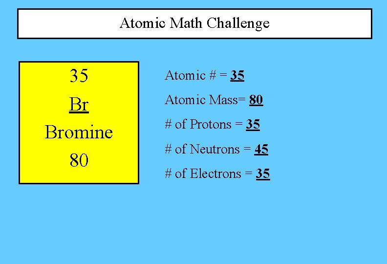 Atomic Math Challenge 35 Br Bromine 80 Atomic # = 35 Atomic Mass= 80 Atomic Math Challenge 35 Br Bromine 80 Atomic # = 35 Atomic Mass= 80