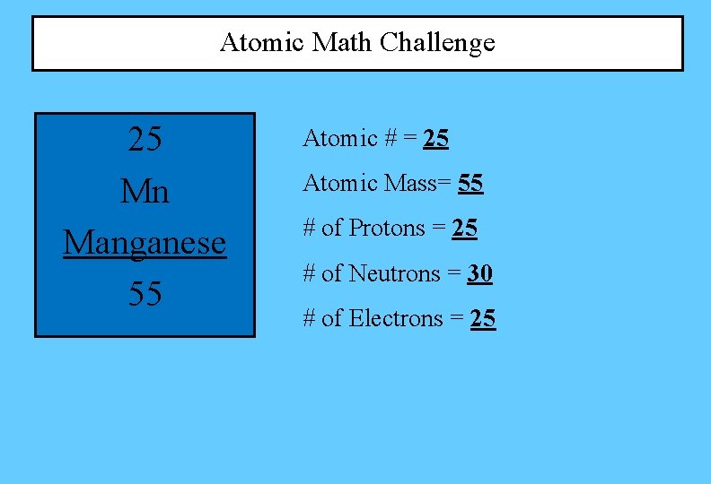 Atomic Math Challenge 25 Mn Manganese 55 Atomic # = 25 Atomic Mass= 55 Atomic Math Challenge 25 Mn Manganese 55 Atomic # = 25 Atomic Mass= 55