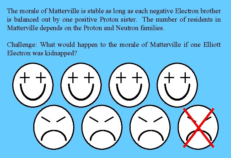 The morale of Matterville is stable as long as each negative Electron brother is The morale of Matterville is stable as long as each negative Electron brother is