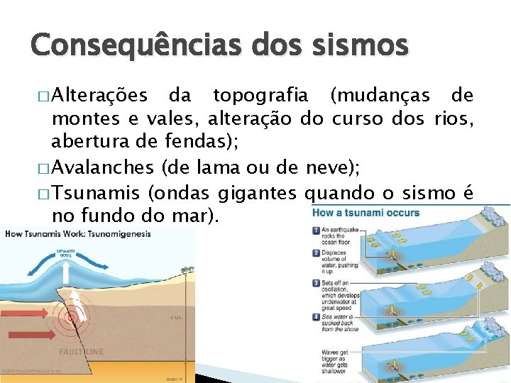 Consequências dos sismos � Alterações da topografia (mudanças de montes e vales, alteração do