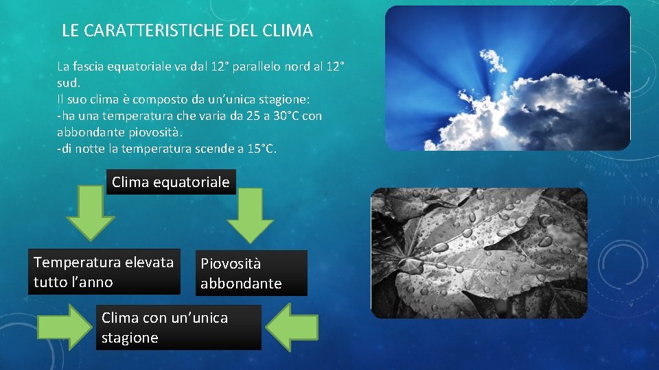  LE CARATTERISTICHE DEL CLIMA La fascia equatoriale va dal 12° parallelo nord al