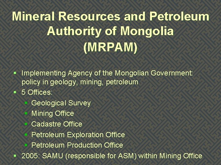 Mineral Resources and Petroleum Authority of Mongolia (MRPAM) § Implementing Agency of the Mongolian