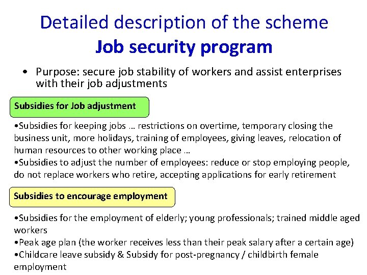 Detailed description of the scheme Job security program • Purpose: secure job stability of