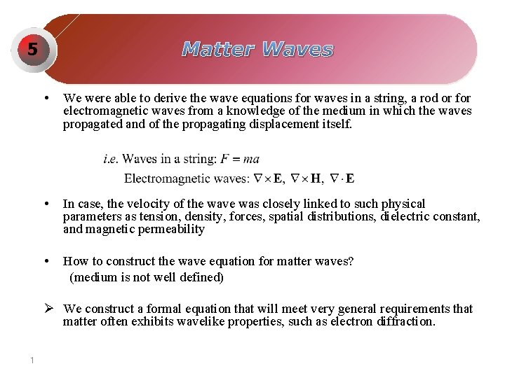 Matter Waves 5 • We were able to derive the wave equations for waves