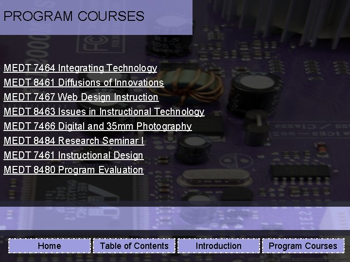 PROGRAM COURSES MEDT 7464 Integrating Technology MEDT 8461 Diffusions of Innovations MEDT 7467 Web