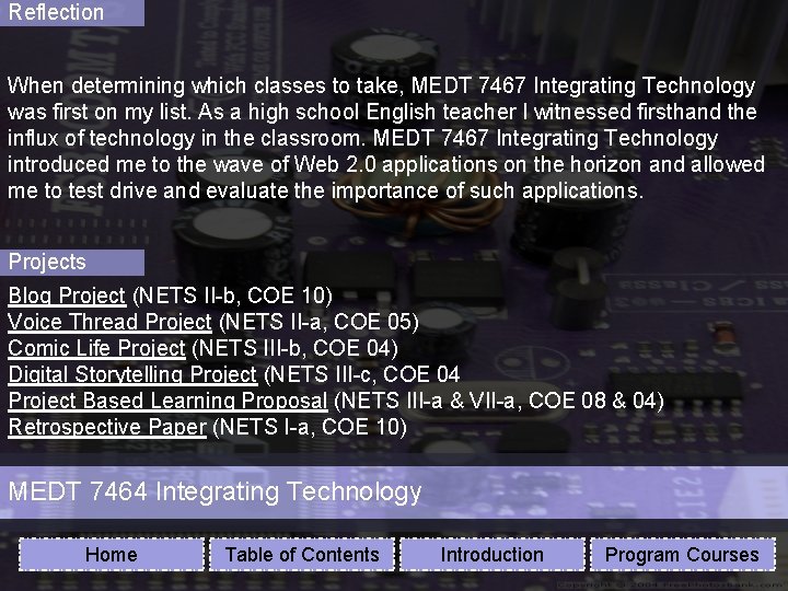 Reflection When determining which classes to take, MEDT 7467 Integrating Technology was first on
