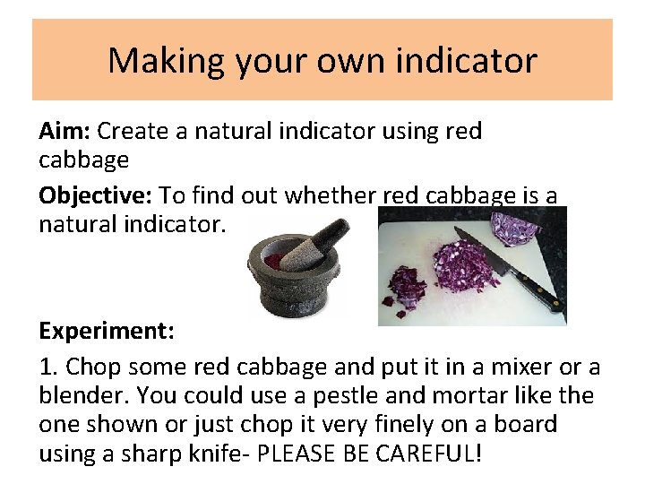 Making your own indicator Aim: Create a natural indicator using red cabbage Objective: To