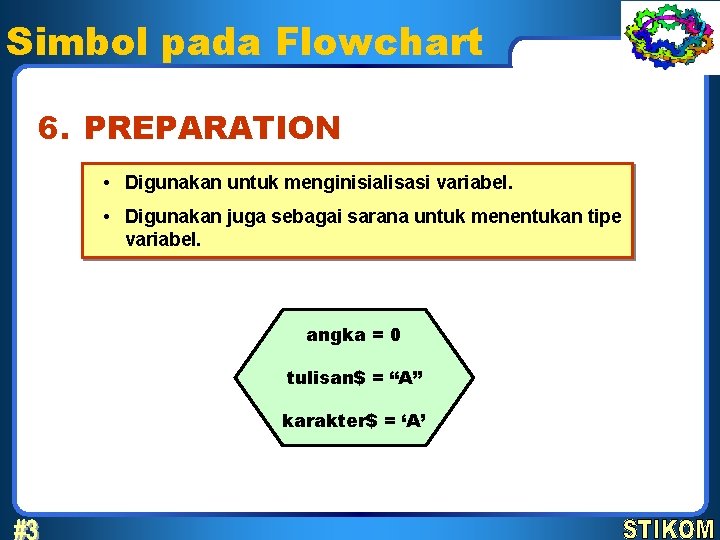 Simbol pada Flowchart 6. PREPARATION • Digunakan untuk menginisialisasi variabel. • Digunakan juga sebagai