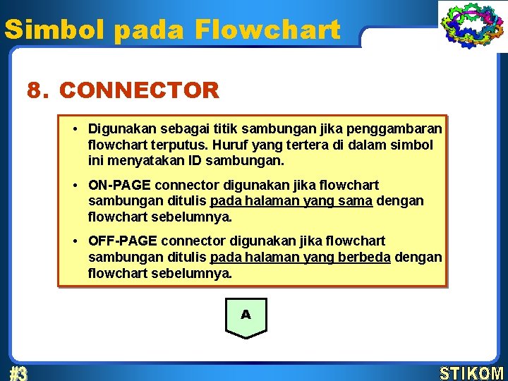 Simbol pada Flowchart 8. CONNECTOR • Digunakan sebagai titik sambungan jika penggambaran flowchart terputus.