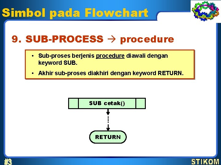 Simbol pada Flowchart 9. SUB-PROCESS procedure • Sub-proses berjenis procedure diawali dengan keyword SUB.