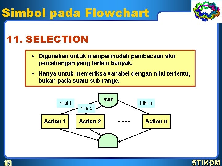 Simbol pada Flowchart 11. SELECTION • Digunakan untuk mempermudah pembacaan alur percabangan yang terlalu