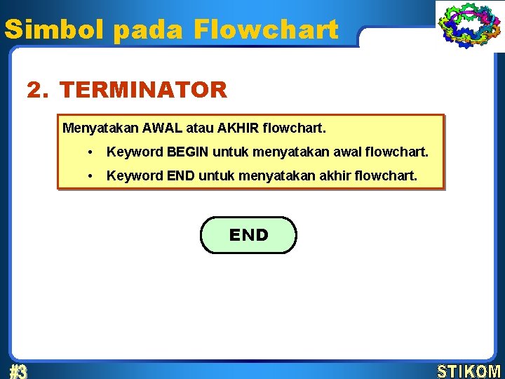 Simbol pada Flowchart 2. TERMINATOR Menyatakan AWAL atau AKHIR flowchart. • Keyword BEGIN untuk