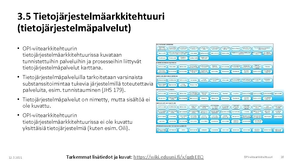 3. 5 Tietojärjestelmäarkkitehtuuri (tietojärjestelmäpalvelut) • OPI-viitearkkitehtuurin tietojärjestelmäarkkitehtuurissa kuvataan tunnistettuihin palveluihin ja prosesseihin liittyvät tietojärjestelmäpalvelut 3. 5 Tietojärjestelmäarkkitehtuuri (tietojärjestelmäpalvelut) • OPI-viitearkkitehtuurin tietojärjestelmäarkkitehtuurissa kuvataan tunnistettuihin palveluihin ja prosesseihin liittyvät tietojärjestelmäpalvelut