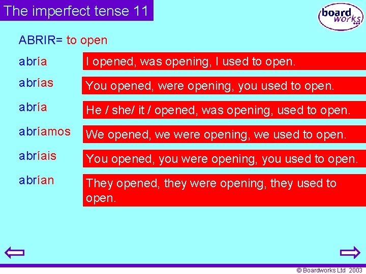 The imperfect tense 11 ABRIR= to open abr ía I opened, was opening, I