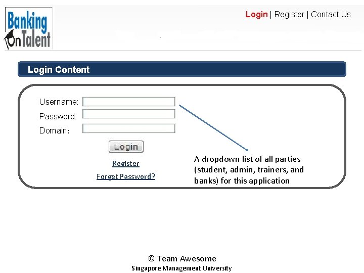 Login | Register | Contact Us Login Content Username: Password: Domain: Register Forget Password?