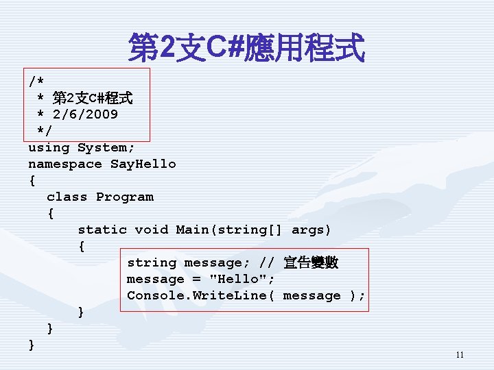 第 2支C#應用程式 /* * 第 2支C#程式 * 2/6/2009 */ using System; namespace Say. Hello