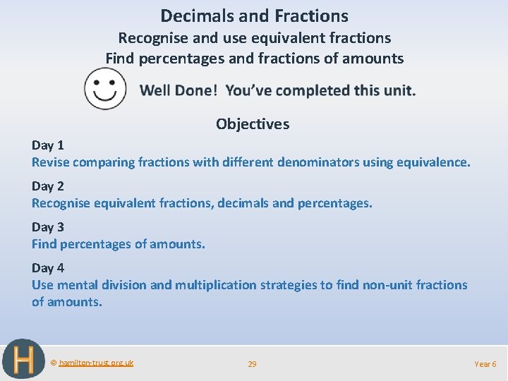 Decimals and Fractions Recognise and use equivalent fractions Find percentages and fractions of amounts