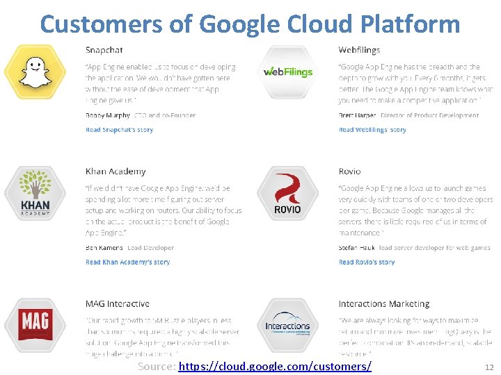 Customers of Google Cloud Platform Source: https: //cloud. google. com/customers/ 12 