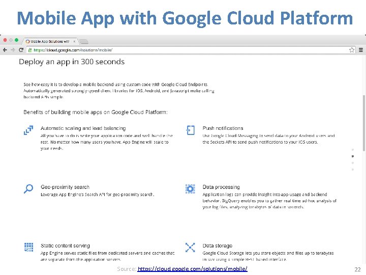 Mobile App with Google Cloud Platform Source: https: //cloud. google. com/solutions/mobile/ 22 