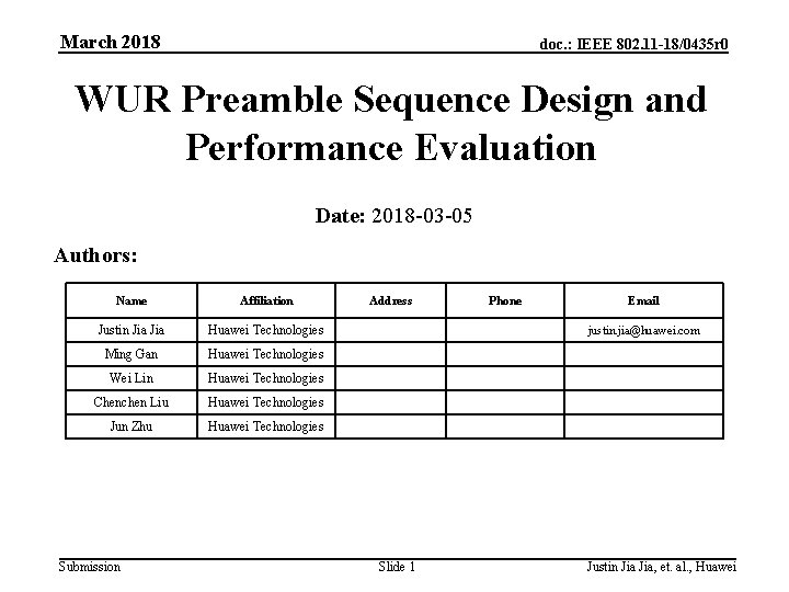 March 2018 doc. : IEEE 802. 11 -18/0435 r 0 WUR Preamble Sequence Design