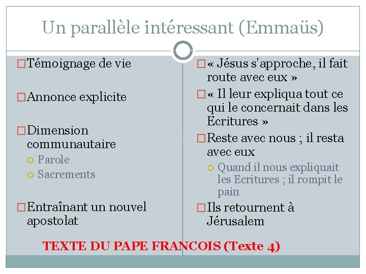 Un parallèle intéressant (Emmaüs) �Témoignage de vie �Annonce explicite �Dimension communautaire Parole Sacrements �Entraînant