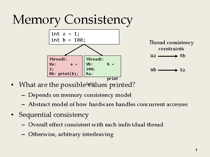 Memory Consistency int a = 1; int b = 100; Thread 1: Wa: a