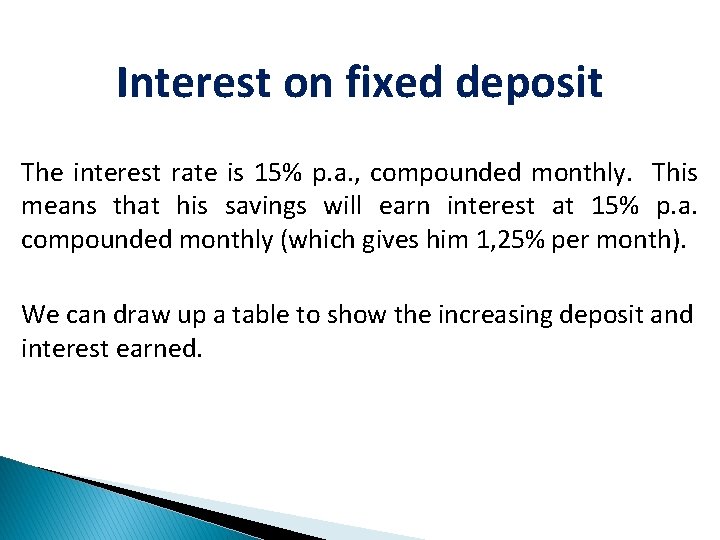 Interest on fixed deposit The interest rate is 15% p. a. , compounded monthly.