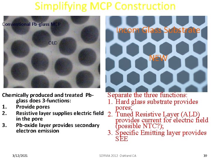 Simplifying MCP Construction Conventional Pb-glass MCP Incom Glass Substrate OLD NEW Chemically produced and