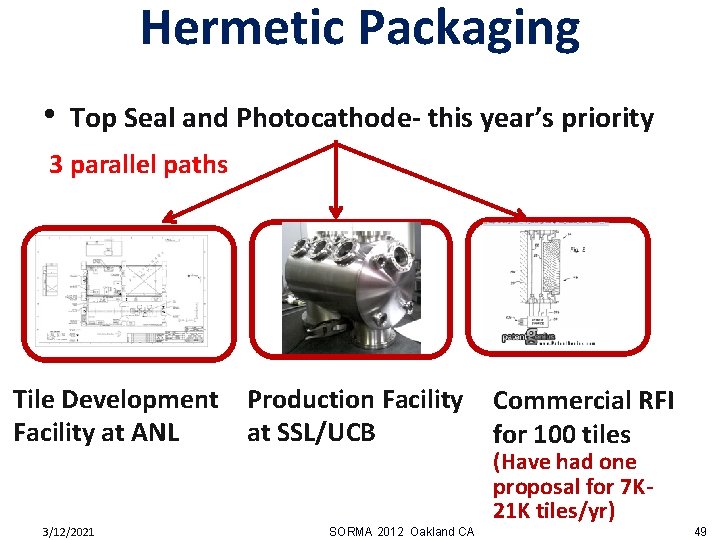 Hermetic Packaging • Top Seal and Photocathode- this year’s priority 3 parallel paths Tile