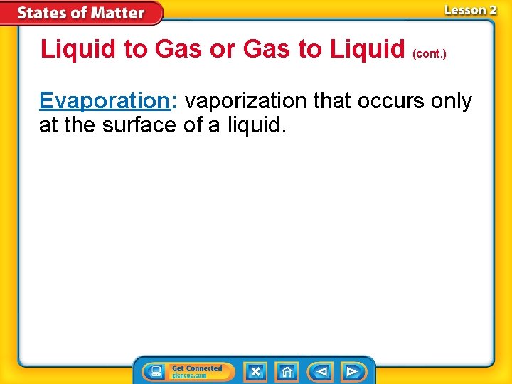 Liquid to Gas or Gas to Liquid (cont. ) Evaporation: vaporization that occurs only