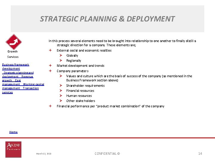 STRATEGIC PLANNING & DEPLOYMENT Growth Services Business framework development  Strategic planning and deployment  Revenue growth  Cost