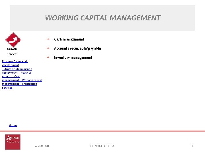 WORKING CAPITAL MANAGEMENT Cash management Accounts receivable/payable Growth Services Business framework development  Strategic planning