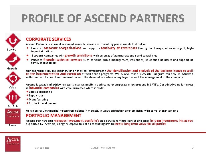 PROFILE OF ASCEND PARTNERS CORPORATE SERVICES Survival Growth Value Portfolio Ascend Partners is a