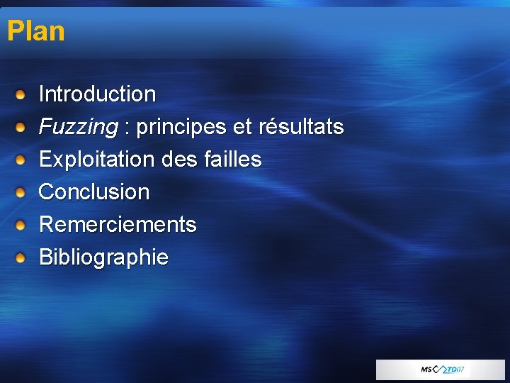 Plan Introduction Fuzzing : principes et résultats Exploitation des failles Conclusion Remerciements Bibliographie 