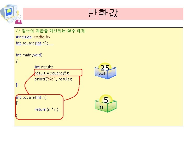 반환값 // 정수의 제곱을 계산하는 함수 예제 #include <stdio. h> int square(int n); int