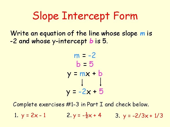 Slope Intercept Form Write an equation of the line whose slope m is -2