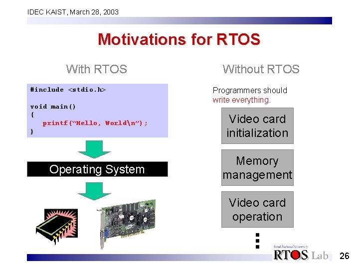 IDEC KAIST, March 28, 2003 Motivations for RTOS With RTOS #include <stdio. h> void