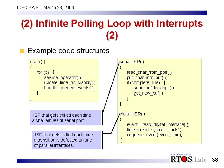 IDEC KAIST, March 28, 2003 (2) Infinite Polling Loop with Interrupts (2) Example code