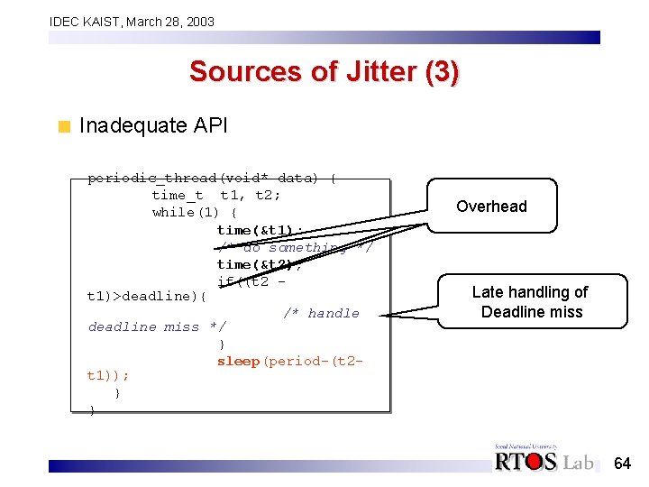 IDEC KAIST, March 28, 2003 Sources of Jitter (3) Inadequate API periodic_thread(void* data) {