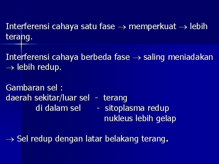 Interferensi cahaya satu fase memperkuat lebih terang. Interferensi cahaya berbeda fase saling meniadakan lebih