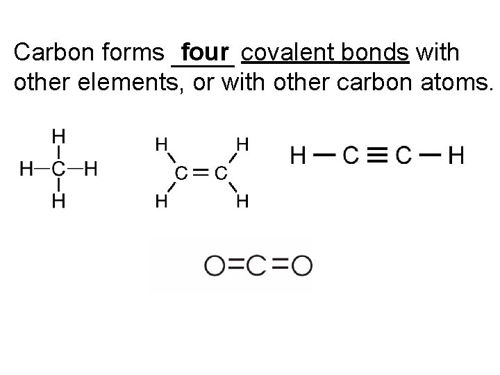 Carbon forms covalent bonds with four other elements, or with other carbon atoms. 