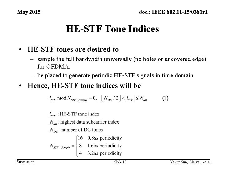 May 2015 doc. : IEEE 802. 11 -15/0381 r 1 HE-STF Tone Indices •